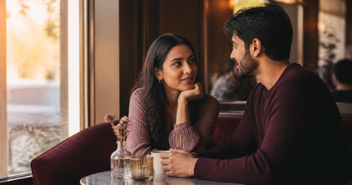 A couple enjoying a thoughtful conversation during a compatible date