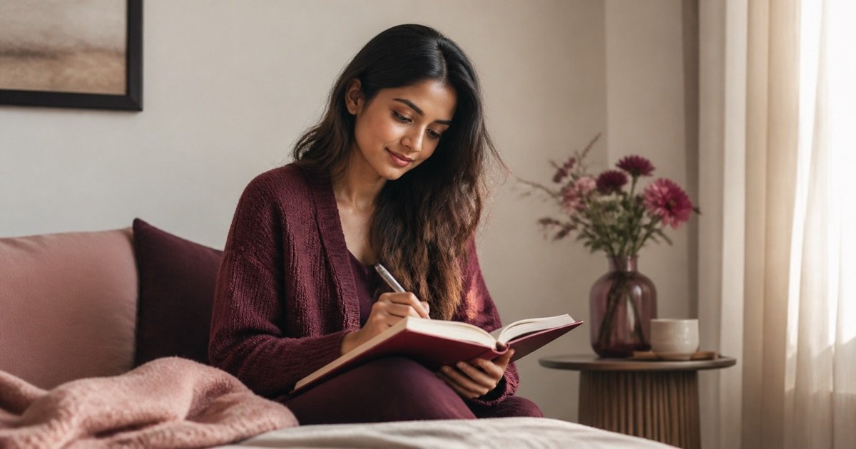 A woman reflecting and writing her relationship goals in a journal