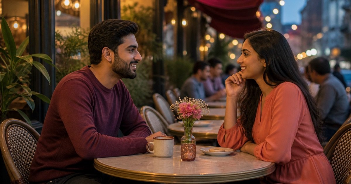Two people meeting safely for a first date at a public cafe